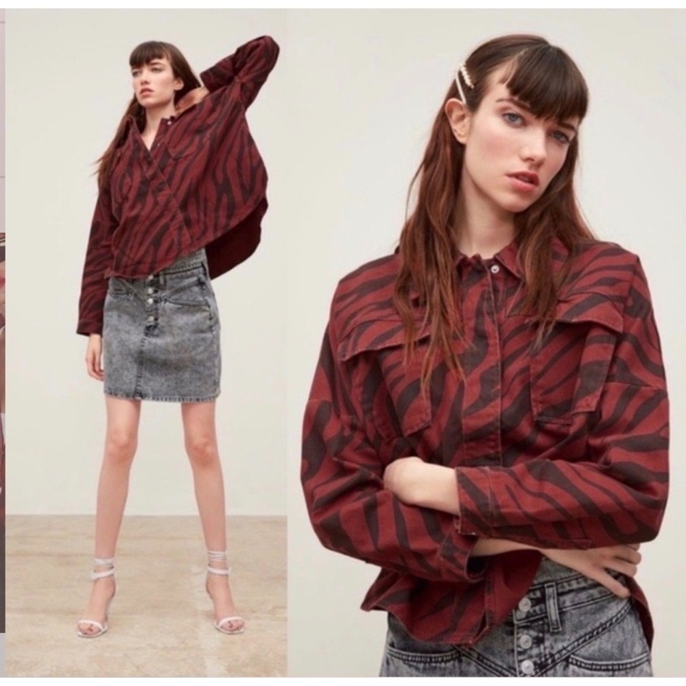 Zara Shirt Womens Small Red Zebra Print Denim Oversized Shacket Excellent